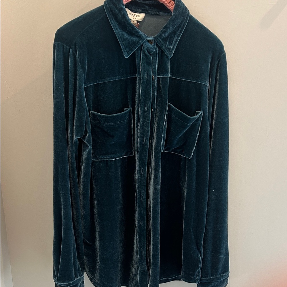 Umgee Deep Teal Velvet Buttonup Blazer Top